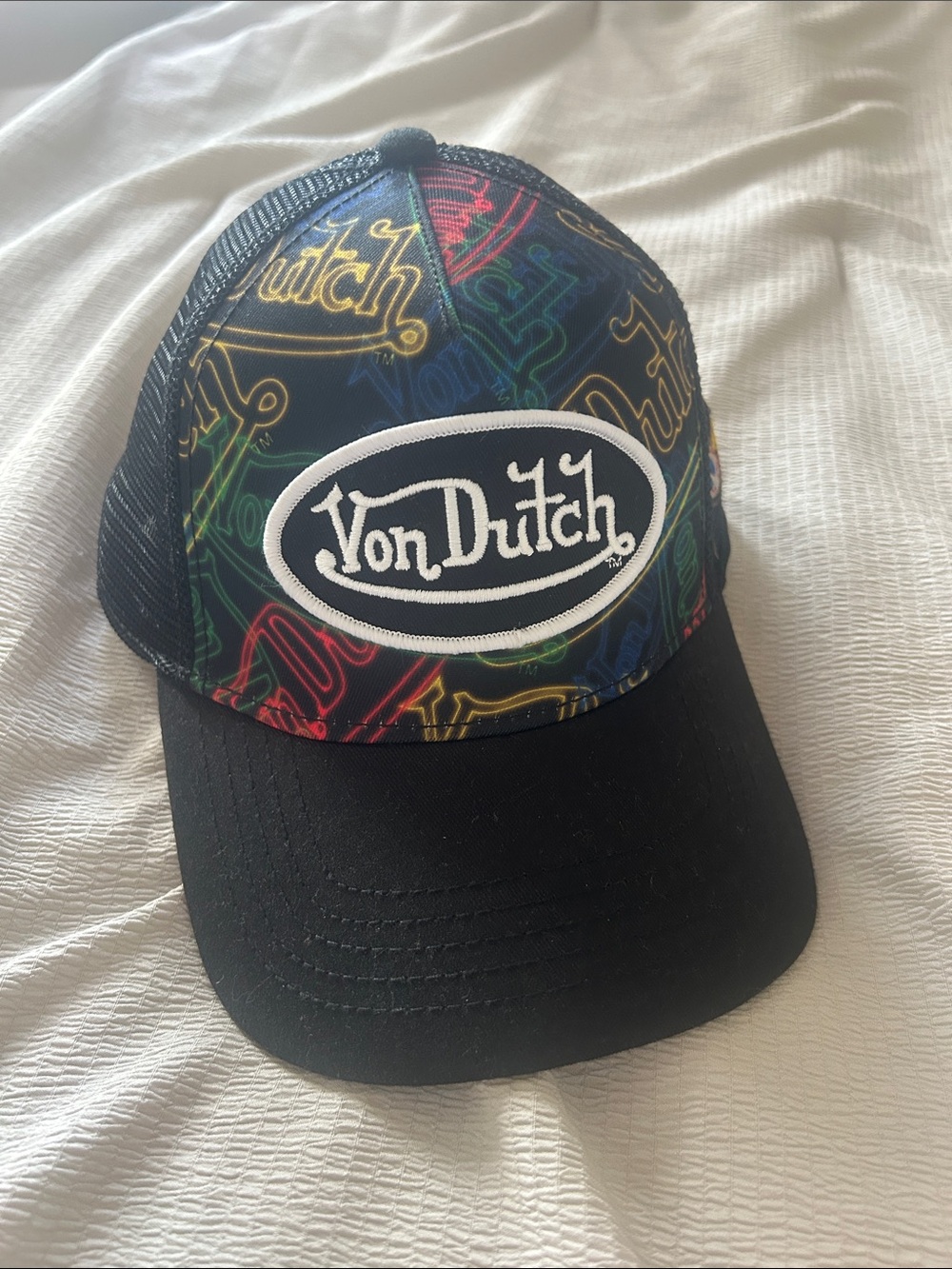 Von Dutch Black Trucker Cap with Multicolor Neon Logo